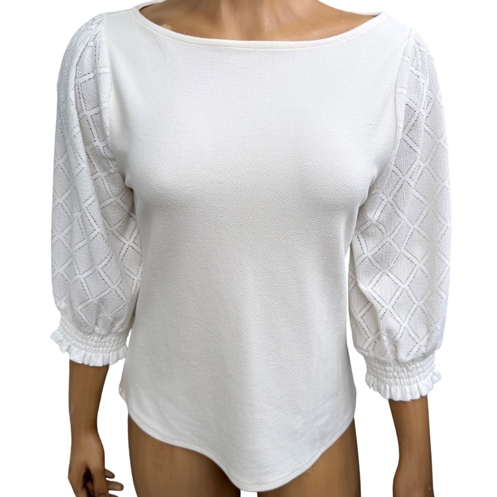 RW&CO‎ Blouse White Puff Sleeve Lattice Textured Coquette Girl Romanticcore M